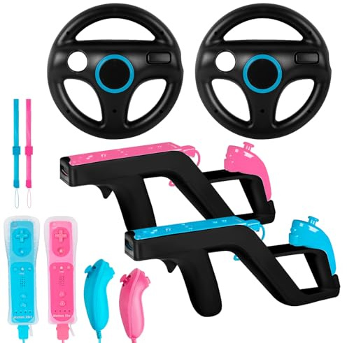 Wii U Deluxe Gaming Set - 2 Pack Black Steering Wheels and Wii Zapper Light Guns + 2 Motion Plus Wireless Controllers with Nunchucks + 2 Silicone Cases & Wrist Straps, Compatible with Nintendo Wii
