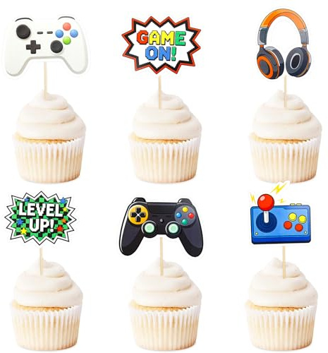 Gleevio 24 Stück Tortendeko Gaming Geburtstagsdeko, Kuchendeko Geburtstag, Videospiel Cupcake Topper, Gaming Tortendeko Geburtstag Junge, Videospiel Muffin Deko für Gamer Dekoration