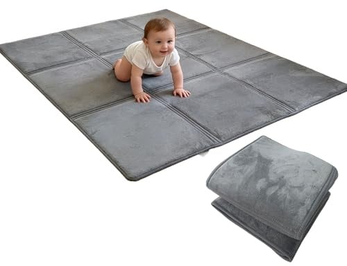 Wellzenith Krabbelmatte Kinder, Faltbar Kariert Kinderteppich, Rutschfester Unterseite, Weicher Kurzflor, Pflegeleicht Matte (120x120x2 cm, Dunkelgrau)