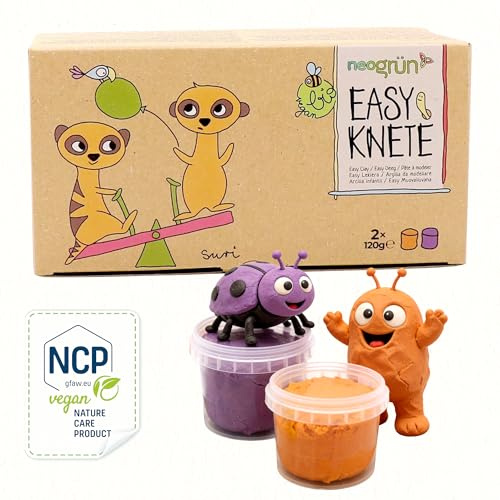 neogrün Bio-Knete Suri für Kinder, ab 1 Jahr, 2 x 120g (Orange/Violett) | Ungiftige Kinderknete und Modelliermasse, extra weich, lufttrocknend, vegan, mit Pflanzenfarben, NCP-zertifiziert