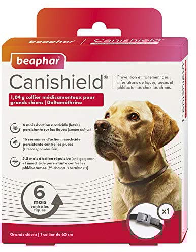 BEAPHAR - CANISHIELD 1,04 g – 1 collier antiparasitaire pour grands chiens – Substance active : Deltaméthrine - Agit contre les tiques, les puces et les phlébotomes – 65 cm