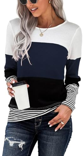 NEYOUQE Pullover Damen Langarmshirt Fraeun Farbblock Tops Tunika Oberteile Lässige Mode elegant Bluse Tshirt Kleidung
