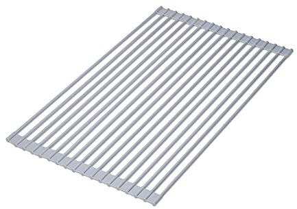 EMUCA - Escurridor de Acero y Silicona para Platos y Vasos, Rejilla de Goteo para Tazas, Frutas o Verduras, Escurreplatos Flexible y Enrollable, Plástico y Acero, Gris