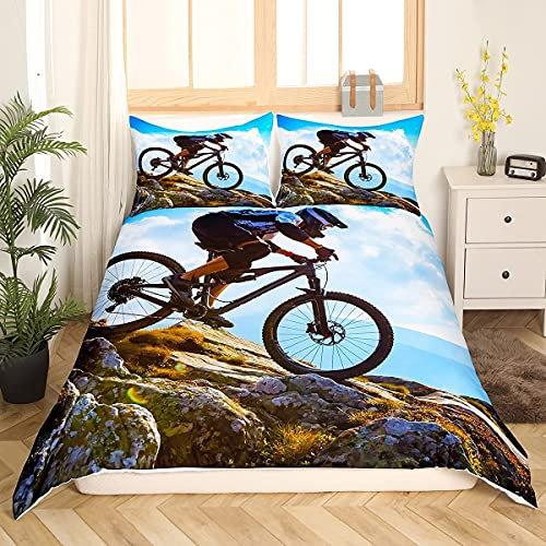 Loussiesd Mountainbike Bettwäsche Set Kinder Jungen Teens Extrem Sport Thema Bettbezug 3D Dirt Bike Bettwäsche 135x200cm Fahrradfahrer Tagesdecke, Zimmer Dekor 2 Stück Bettwäsche