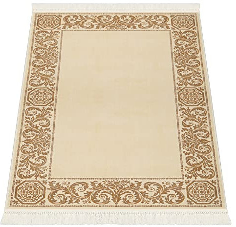 Belle Arti Luxus Kurzflor Teppich Barock Wohnzimmer Schlafzimmer Wonzimmerteppich mit Fransen in Creme beige - Seidenglanz Antirutsch Weich Antiallergisch 100% Viskose - beige, 67x105 cm