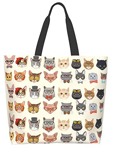 bositigo Wiederverwendbare Einkaufstasche für Damen, lässig, Reisen, Schulter, Strand, Einkaufen, Handtaschen für Frauen, Weihnachten, Halloween, Geschenke, Lustige Katze, Large