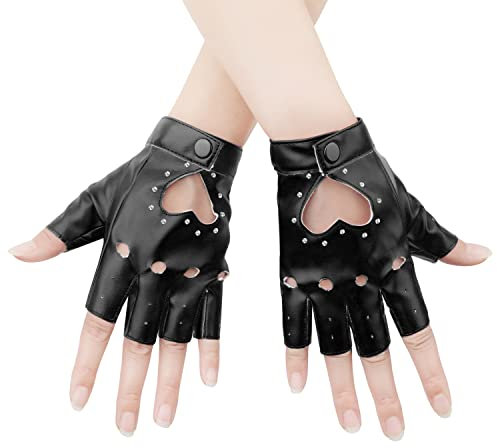 KINBOM Punk Handschuhe Fingerlos Mit Strass - Stilvolle Leder Handschuhe für Halloween, Cosplay, Leistung - Frauen, Mädchen (Schwarz)