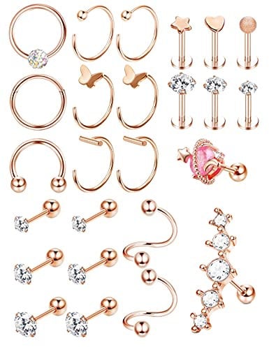 Kakonia 25Pcs 16-20G Helix Piercings Jewellery for Women Gold Silver Stainless Steel Helix Cartilage Tragus Earrings Stud Hoop Earrings CZ Star Heart Piercings Jewellery for Women