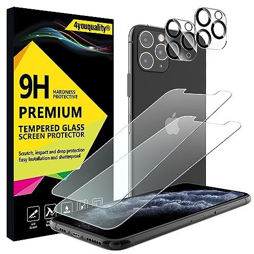 4youquality [4-in-1 Screen Protector for iPhone 11 Pro Max with Camera Lens Protector, Tempered Glass Film, 2-Pack Each, [LifetimeSupport][Impact-Resistant][Anti-Scratch][Ultra-Transparent]