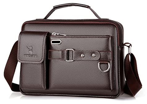 FANDARE Rétro Mallettes Homme PU Cuir Sac à Bandoulière Affaire Sac à Main Sacoche 10.5 Pouces Sac Cabas Sac de Cours Sacs à Main portés épaule pour Collège Cours Travail Affaires Voyage Brun