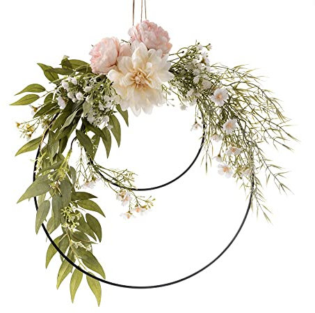 Dloapesy FLH53 Blumenkranz, künstliche Rosenblüten und Eukalyptus-Girlande, Metallringkranz zum Aufhängen für Hochzeit, Kinderzimmer, Wanddekoration (A), FLH53