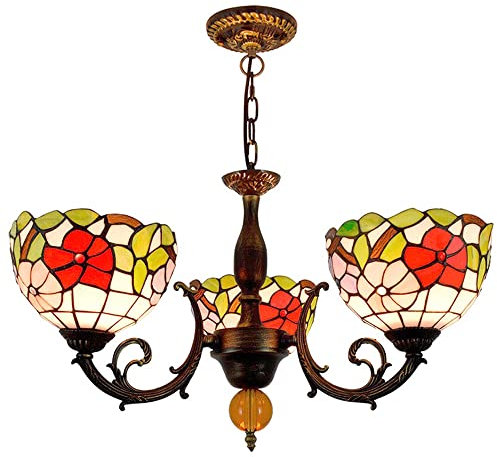 PAZWAHF 3-Licht-Kronleuchter mit Vintage-Blumenmuster, verstellbare Pendelleuchten, Hängeleuchte aus Buntglas im Tiffany-Stil, Breite 22 Zoll, Höhe 32 Zoll