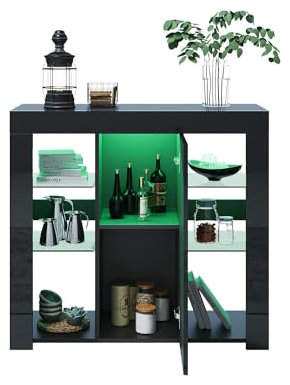 SONNI Aparador Blanco Brillo con Luz LED Regulable y 1 Puertas,Aparadores Modernos para Salon Cocina y Entrada Recibidor,Buffet Comedor(Negro)