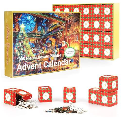 Adventskalender 2025 Weihnachts Jigsaw Puzzle, Weihnachtsmann Jigsaw Puzzle 1008 Teile Weihnachten Geschenke für Erwachsene und Kinder, 24 Boxen Puzzles für Countdown bis Weihnachten (A)