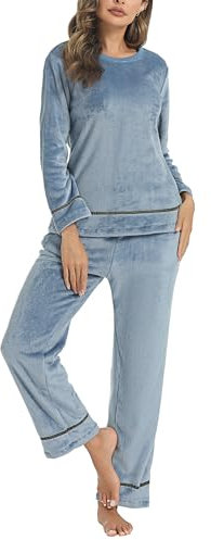 Nieery Pigiama Donna Invernale in Pile Flanella Pigiami Lungo Caldo Morbido e Confortevole Azzurro L
