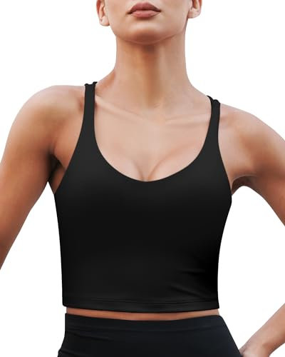 As Fairy Damen-Sport-BH Criss Cross Back Crop Tank Top Longline gepolsterter Yoga-BH mit mittlerer Unterstützung (Schwarz,L)