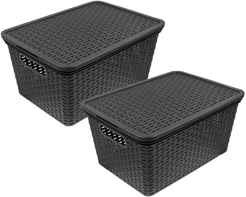 HRB Aufbewahrungsbox Lagerbox Box Korb in Rattan-Optik, 15 Liter, 39x28x18 cm Kiste Modern (2 Stück, Anthrazit mit Deckel)