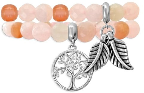 Bracelet Pierre Naturelle à Facettes Avec Pendentif Arbre de Vie Acier Inoxydable. Bijoux été Femme. Cadeau Anniversaire, Fete des Meres, Noel (Femme 2 pcs Arbre de Vie Pierre de Lune + Quartz – Rose)