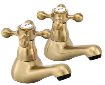 HEXMIXER Victorian Gold Basin Taps Pair, 1/4 Turn Brushed Golden Brass Traditional Pillar Taps, G1/2 UK Bathroom Sink Tap 061AGO