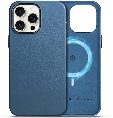 SHIELDON Echtleder Hülle für iPhone 15 Pro Max Handyhülle Schutzhülle [Anti-Fingerabdruck] [Kabellos Laden] [Magnet] Dünn Lederhülle Kompatibel mit iPhone 15 Pro Max 5G 6.7 Königsblau