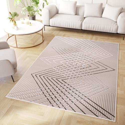 TAPISO Crystal Teppich Wohnzimmer Kurzflor Hellgrün Beige Weiß Zigzag Modern Design Glänzend 3D Effekt Cut-Loop Schlafzimmer ÖKO-TEX 80 x 150 cm