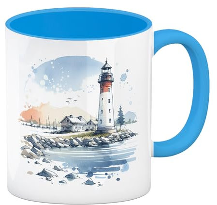 Leuchtturm Kaffeebecher in hellblau Maritime Tasse Wasserwelten-Design Meer See Küste Ufer- Navigationssymbolik Signal-Leuchtturm Motiv