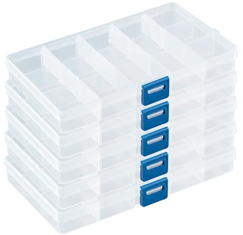 DSM-Verbindungstechnik Sortierbox mit 15 verstellbaren Fächern aus Kunststoff | Aufbewahrungsbox Organizer Sortimentskasten Perlenbox - 5 Stück, 10753-15-5Stk