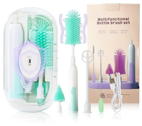 Electric Bottle Brush,Electric Baby Bottle Brush Set with Silicone Bottle/Pacifier/Straw Brush and Mixing Head, Cleaner Brush with Drying Rack, 2 Modes & 360° Rotation (Green)