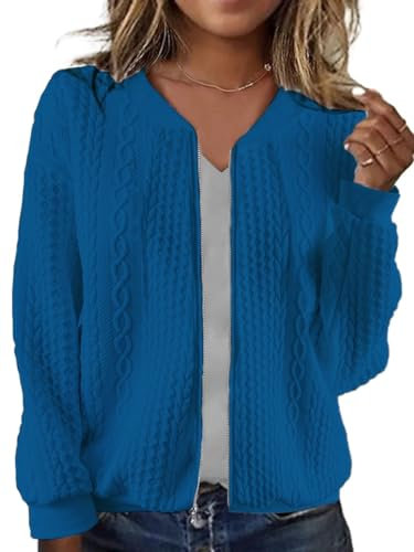 Women's Zip Up Cardigan Sweater Cable Knit Hoodies Long Sleeve Jacket Outfits Casual Drawstring Coat, Blue, L