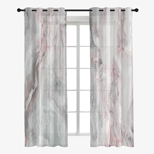 Surwin Tende per Interni 2 Pezzi, Tende Voile con Marmo Motivo, Tende Semi Trasparenti con Occhielli, 3D Tende a Vetro per Camera da Letto, Cucina, Soggiorno (140x160cm,Grigio Rosa)