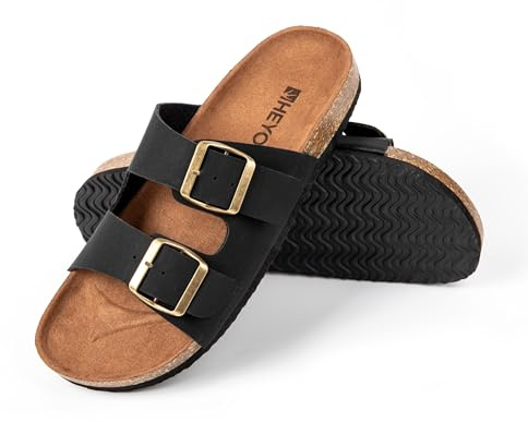 HEYO Pantoletten Herren Damen Sandalen Bequeme Hausschuhe Unisex Kork Badelatschen mit verstellbaren Riemen