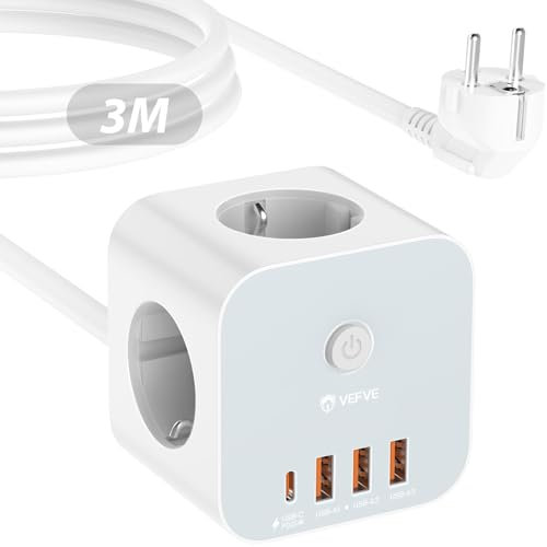 VEFVE Steckdosenwürfel mit Kabel, 7-in-1 Würfel Mehrfachsteckdose mit USB C 20W, 3 Steckdosen, 1 USB-C & 3 USB-A, 3680W Steckdosenleiste mit Schalter, 3m Verlängerungskabel