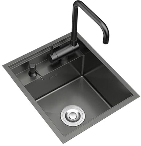 Einzelbecken-Edelstahl-Spüle mit Abdeckung, klappbarer Wasserhahn, Restaurant, kommerzielles Wohnmobil, Gemüsespüle, Wohnung, Bar, kleine Einzelbecken-Spüle (Farbe: schwarzer Stahl, Größe: 35 x 45 x