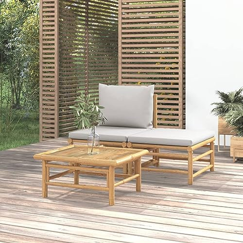 Gecheer Salon de Jardin 3 pièce avec Coussins Gris Clair Bambou, Central et Repose-Pied et Table Mobilier de Extérieur, Ensemble de Meubles pour Balcon Terrasse