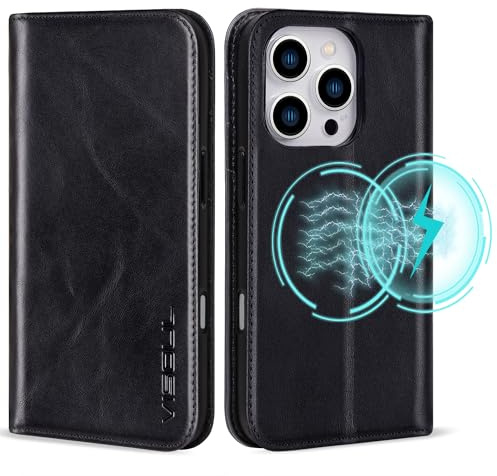 VS VISOUL Hülle für iPhone 16 Pro max,Schutzhülle Echt Leder Schützt vor Stoß Kartenfach Magnetverschluss Stand klappbar handyhülle Handytasche Etui Case für iPhone 16 Pro max Schwarz A