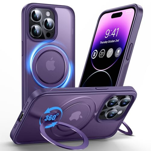 Anqrp 360° ALL-in-ONE Stand Case for iPhone 14 Pro Case with Rotatable Magnetic KickStand Ring Holder, Compatible with MagSafe, Shockproof Translucent Matte Phone Cover for iPhone 14 Pro, Purple