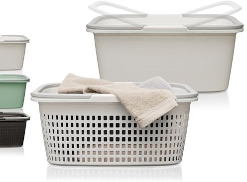 Hausfelder Wäschekorb mit Henkel 58x37x25cm, Wanne und Korb weiß, Wäschesammler und Wäschewanne aus Kunststoff 35 l mit Griff (Weiß, 1 Korb + 1 Wanne)