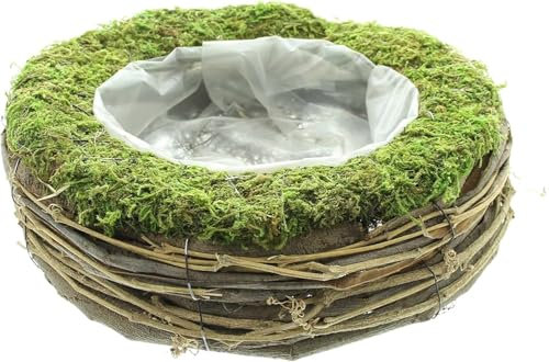 FRANK FLECHTWAREN Pflanzer Natur, Naturmoos, Metall, Luffa-Weinreben, Weidenrinde, ausgeschlagen mit Folie Maße: Ø 26 x 9 cm, Innen-Ø 15 cm
