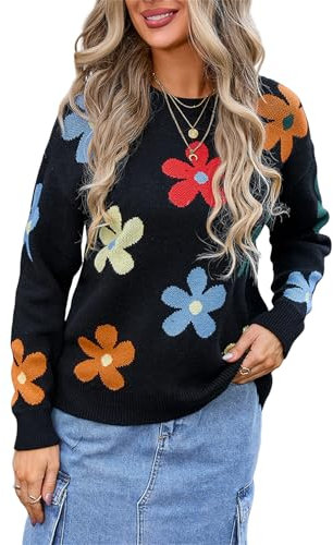 HEYPORK Damen Herbst Winter Warm Bequem Pullover Casual Mode Strickjacke Strickpullover Frauen Floraler Strickpullover(Schwarz, XL)