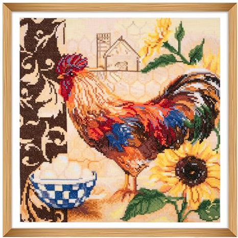 Trimits Large Cross Stitch Kits - Counted Embroidery Needlework for Adults Beginners Kids, Christmas Gifts Wall Art (Frame Not Included), 11 Count, Country Rooster