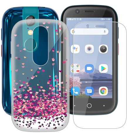 YQINHHME Handyhülle für Unihertz Jelly 2E (3.0 Zoll) + Gehärtetes Glas Schutzfolie, Stoßfest Silikon Schutzhülle Tasche Ultradünne weiches TPU Case Hülle für Unihertz Jelly 2E - Rotes Herz