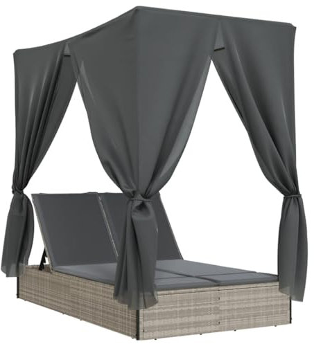 Emmtore Sonnenliege, Doppelliege mit Dach Vorhängen, Gartenliege Verstellbare Rückenlehne, Relaxliege Liege Gartenmöbel,Poly Rattan Sonnenliege,Hellgrau