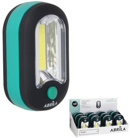 Linterna LED COB portátil con gancho e imán, 200 lm, dimensiones 9,5x6x3,5 cm, alimentada por 3 pilas AAA, ideal para camping y emergencias.