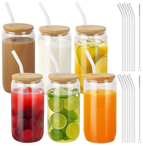 BUCOMTU 6er Set Glas mit Deckel und Strohhalm, 500 ml Trinkgläser mit deckel,Cocktailgläser Gläser Set,für Trinkgläser in Dosenform, Iced Coffee Glas, Cocktails
