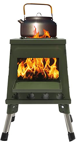 Réchaud de tente portable en acier - Poêle à bois amovible et pliable - Protection contre le vent - Pour bois de chauffage/charbon de bois - Avec sac de transport et gants pour le camping, le