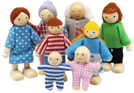 Mooyii Holz Puppen 8 Personens Familie Puppenfamilie Biegepuppen Puppenhaus Figuren Set