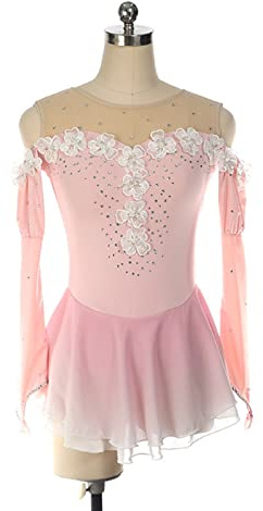 YXWYXWA Girls figurio Abito da Pattinaggio su Ghiaccio, Donne Fiore di Pizzo di Strass Scintillante per Adulti con Maniche di Punta delle Dita a Spalla Aperta Body Ballet baly Ginnastica, Rosa, XX