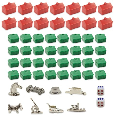 Monopoly Ersatzteile Set – 12 rote Hotels, 32 grüne Häuser & 8 Metall Spielfiguren – Hochwertiges Monopoly Zubehör Ersatzset für Brettspiele, Ersatz Häuser und Hotels aus Kunststoff
