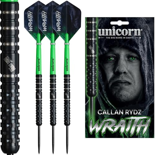 Unicorn Callan Rydz, Wraith, 90 % Wolfram-Barrels, extra griffige, gefräste Rillen, Steeltip Darts-Set, The Riot, Noir Black Volute Points, 21 g, 23 g oder 25 g