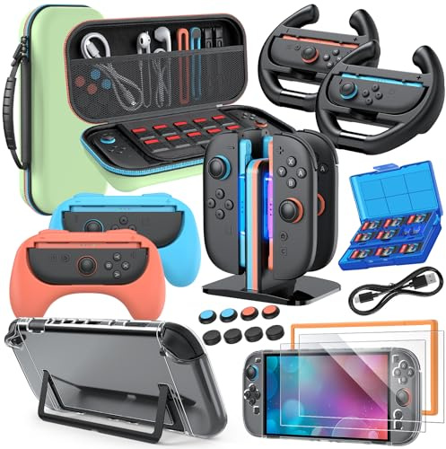 Switch 2 Zubehör, Bundle Tasche für Nintendo Switch 2 (2025), MENEEA 20-in-1-Set: Tragetasche, Controller-Lade-Dock, Griffe für Joy-Con, Lenkräder für Mario Kart (Grün)